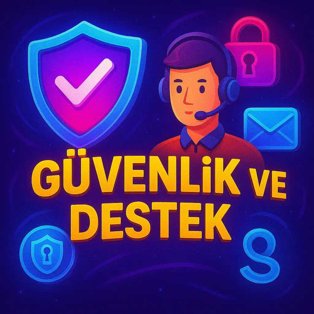 Güvenlik ve Destek Destek temsilcisi ve güvenlik kalkanı simgeleriyle neon görsel