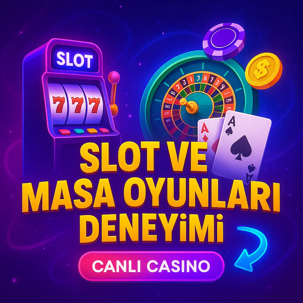 Slot ve Masa Oyunları Deneyimi Neon ışıklı slot makinesi, rulet ve iskambil kartları