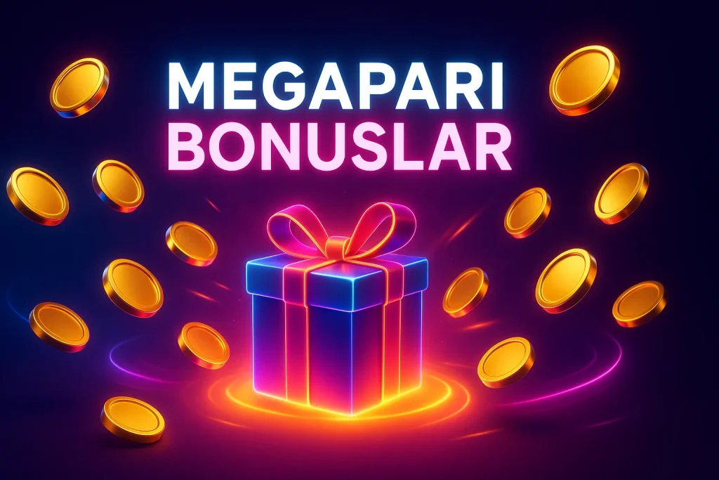 Megapari Bonuslar – En Yeni Promosyon ve Ödüller Megapari Bonuslar neon ışıklı hediye kutusu ve altın jetonlar