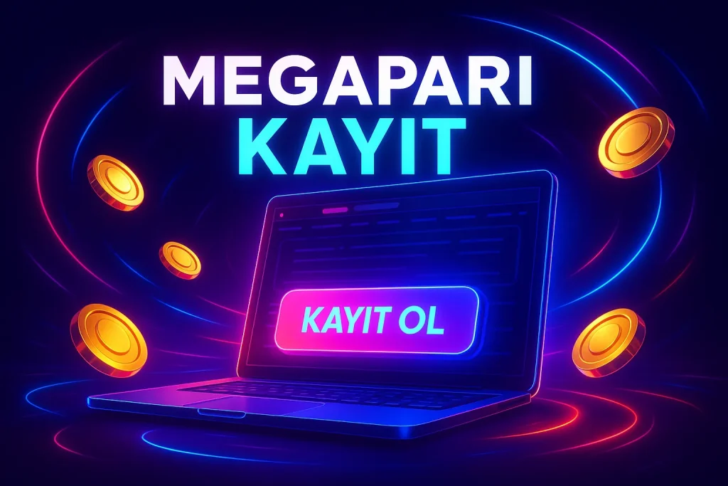 Megapari kayıt ol ekranı, neon ışıklı laptop ve altın jetonlar