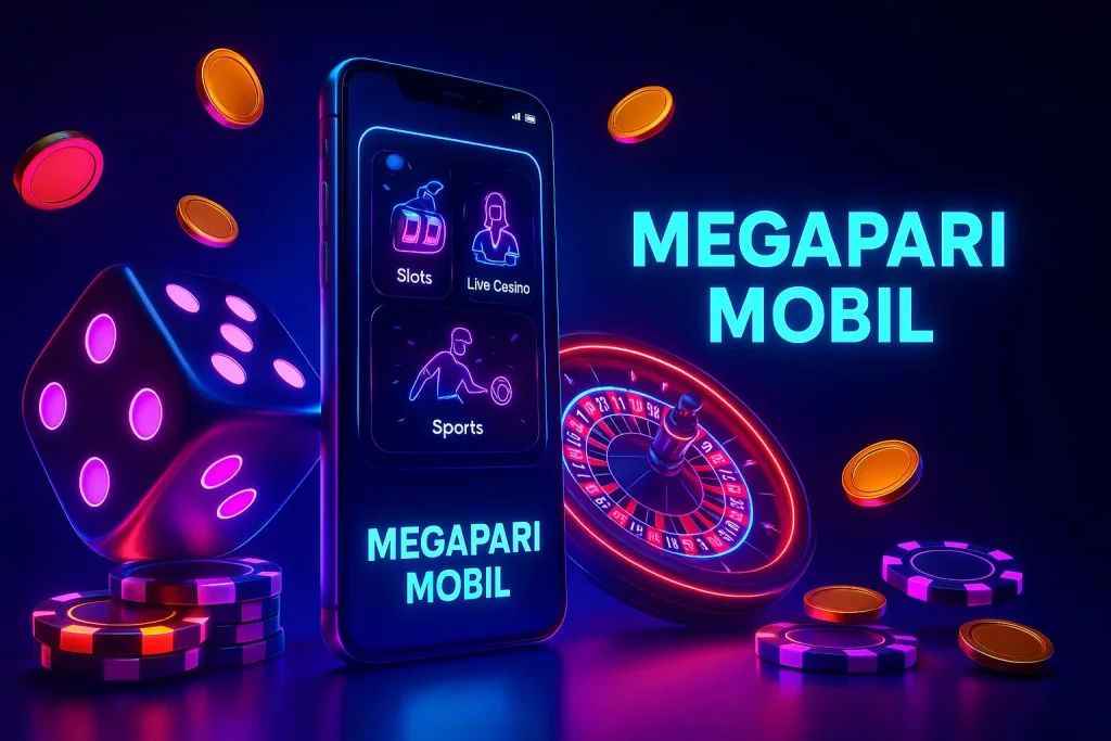 Megapari Mobil uygulaması, neon ışıklı telefon, rulet ve zar ile 3D tasarım